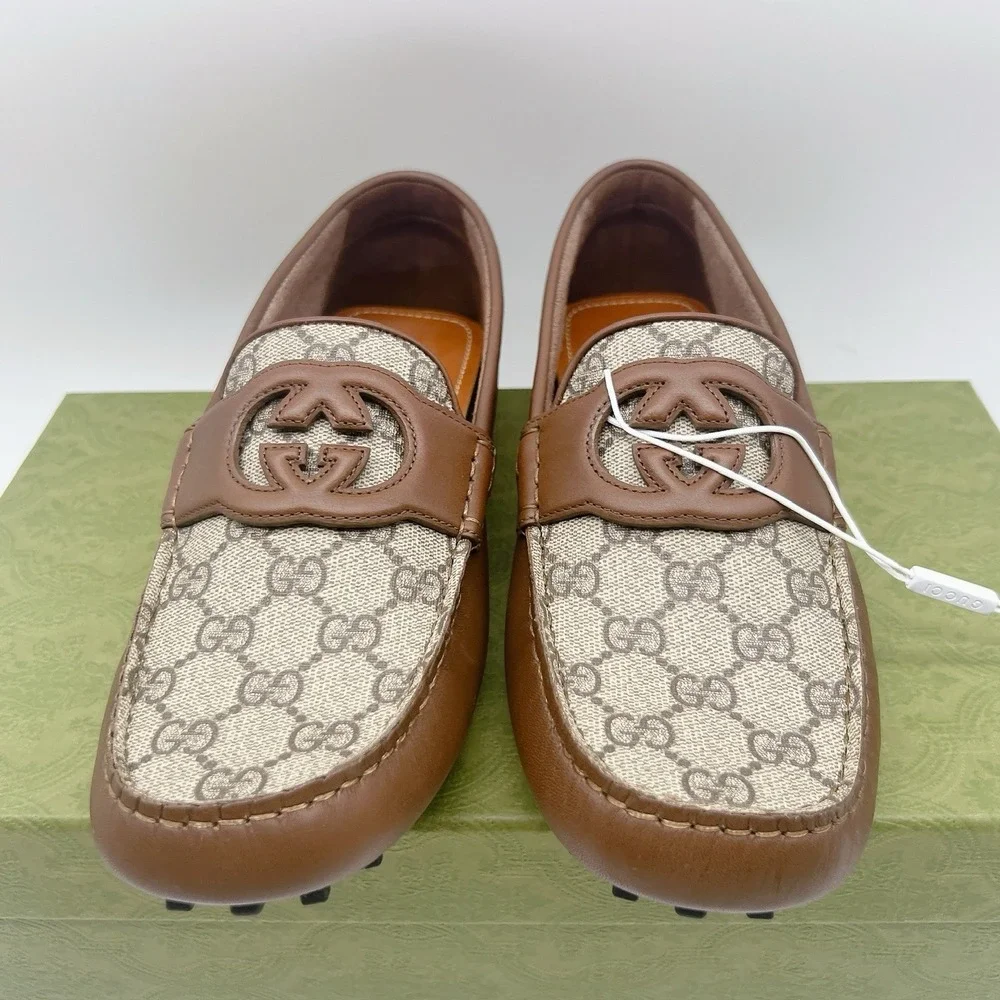 Gucci Supreme GG Interlocking Loafer Driving Shoes Mens Brown UK 8.5 US 9